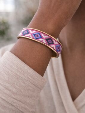 Gold-Trim Pink and Blue Woven Bangle Bracelet